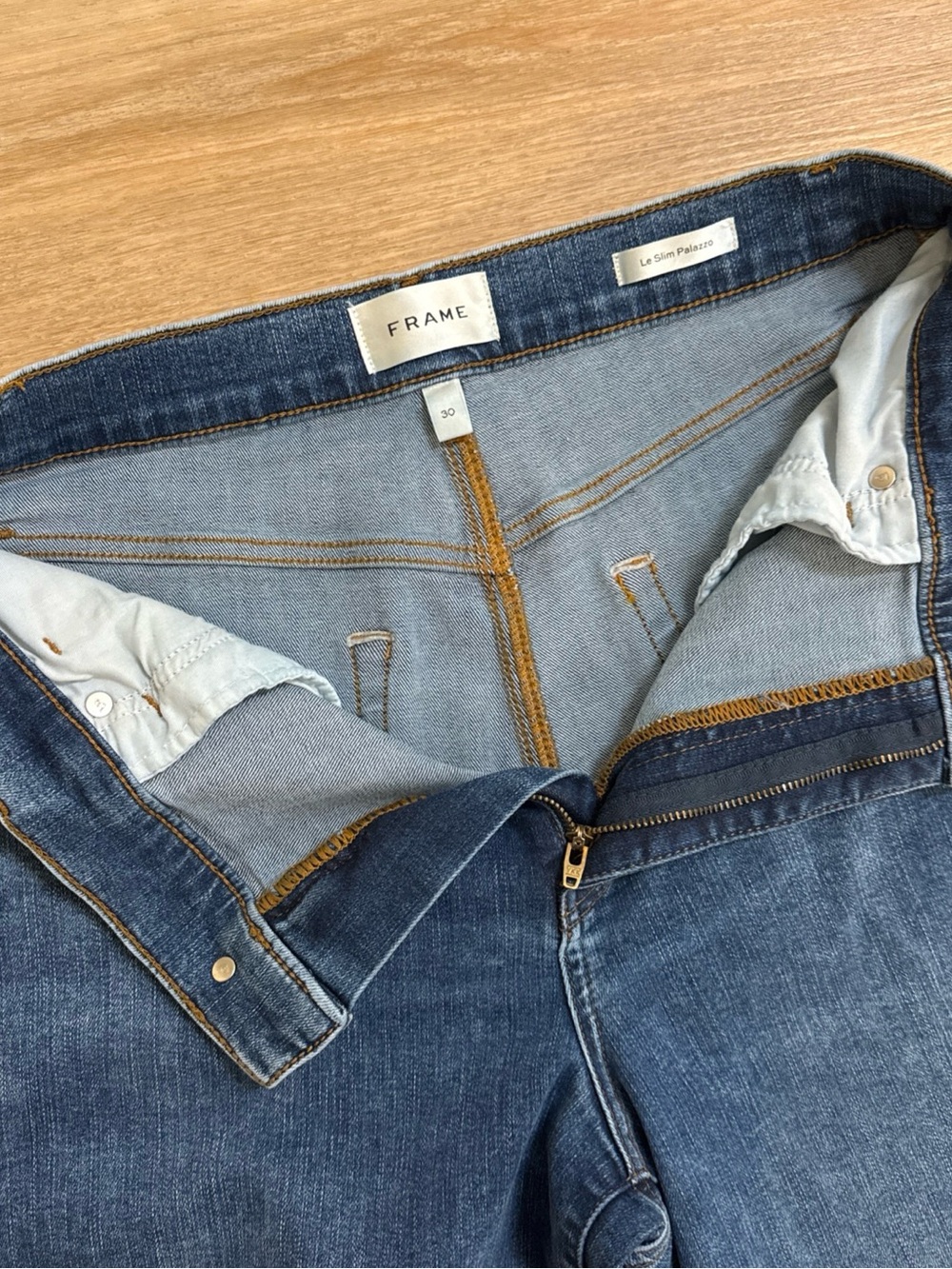 Frame Le Slim Palazzo Jeans Womens 30 Blue Denim Raw Hem - Canals Raw After - Picture 7 of 16